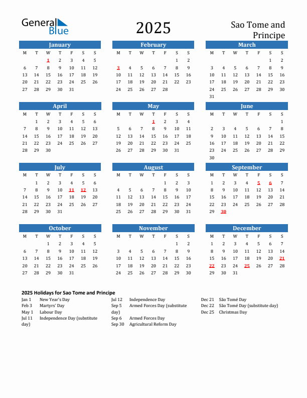 Sao Tome and Principe 2025 Calendar with Holidays