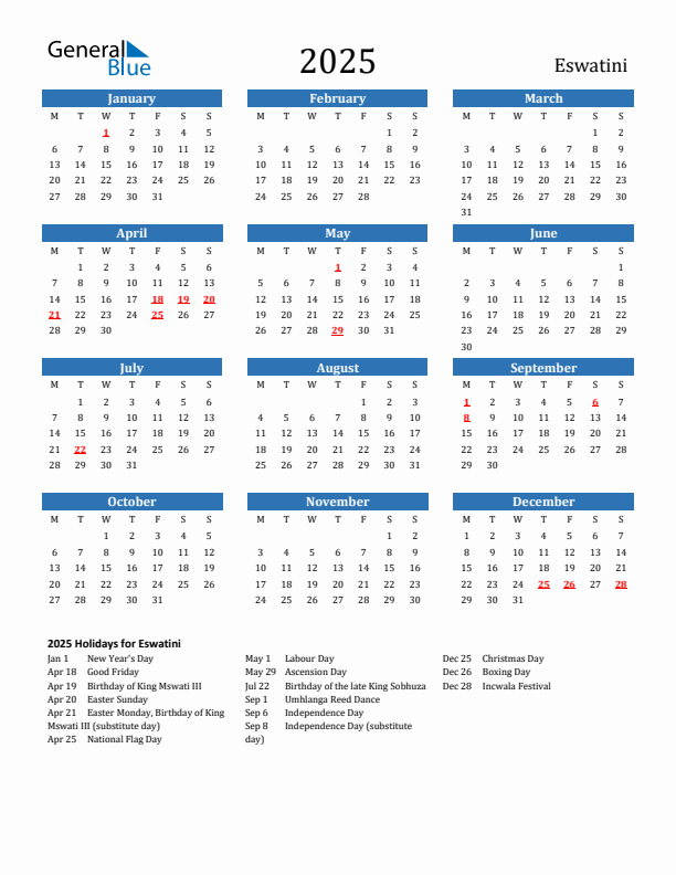 Eswatini 2025 Calendar with Holidays