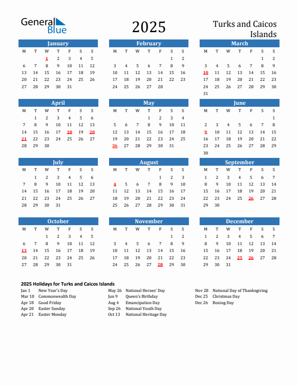 Turks and Caicos Islands 2025 Calendar with Holidays