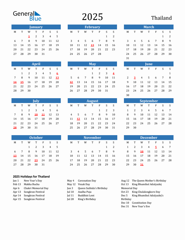 Thailand 2025 Calendar with Holidays