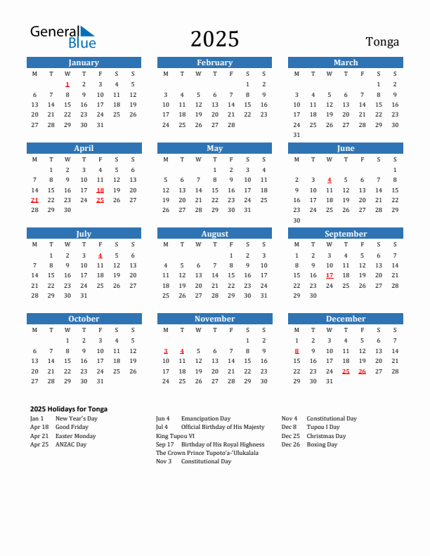 Tonga 2025 Calendar with Holidays