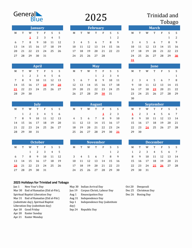 Trinidad and Tobago 2025 Calendar with Holidays
