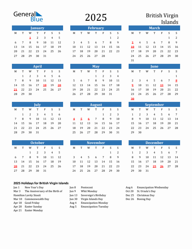 British Virgin Islands 2025 Calendar with Holidays
