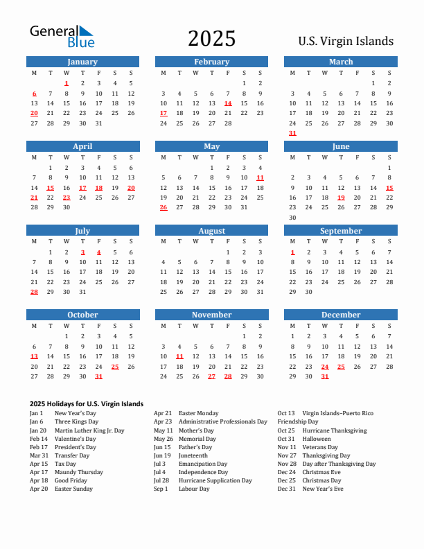 U.S. Virgin Islands 2025 Calendar with Holidays
