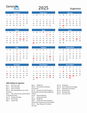 Argentina current year calendar 2025 with holidays