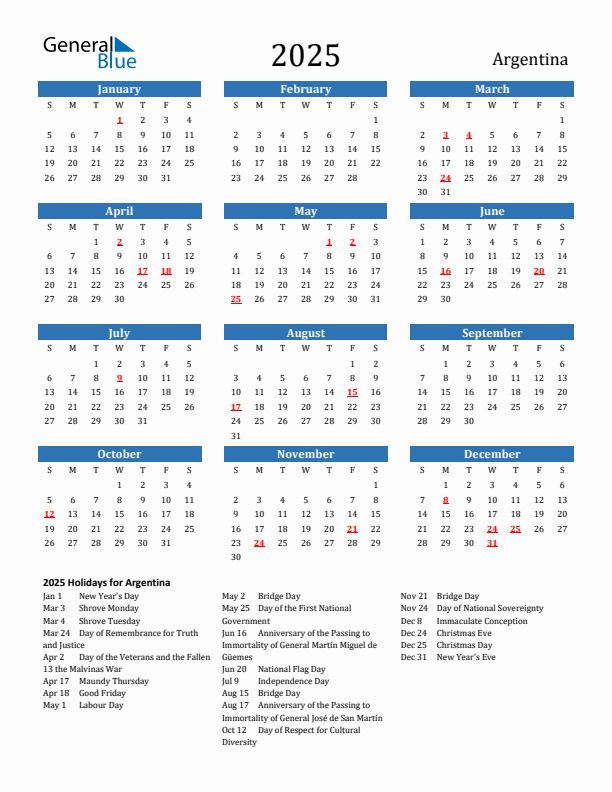 Argentina 2025 Calendar with Holidays