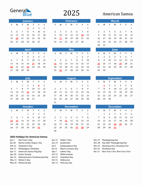 American Samoa 2025 Calendar with Holidays