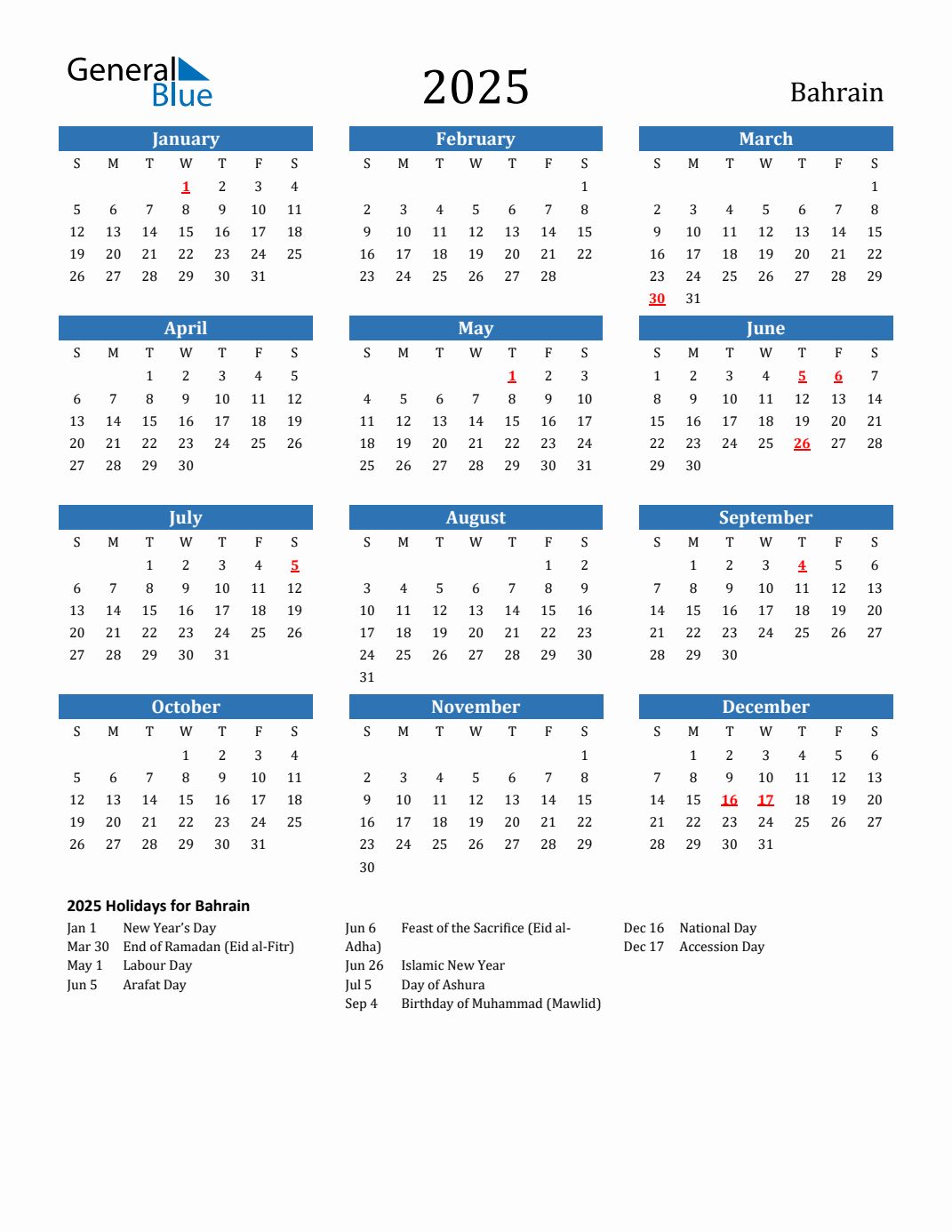 2025 Bahrain Calendar with Holidays