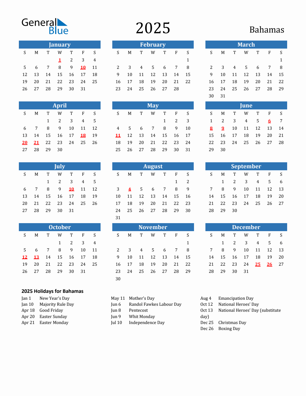 2025 Bahamas Calendar with Holidays