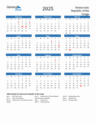 Democratic Republic of the Congo current year calendar 2025 with holidays