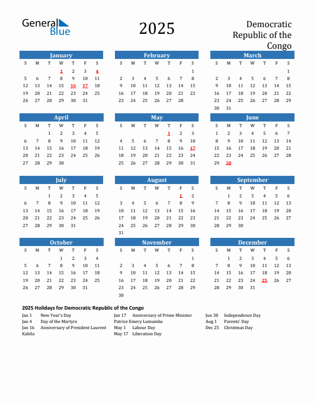 Democratic Republic of the Congo 2025 Calendar with Holidays