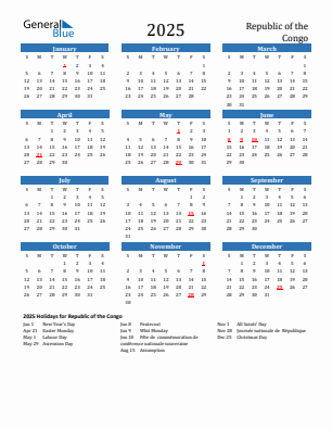 Republic of the Congo current year calendar 2025 with holidays