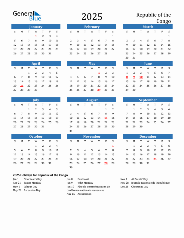 Republic of the Congo 2025 Calendar with Holidays