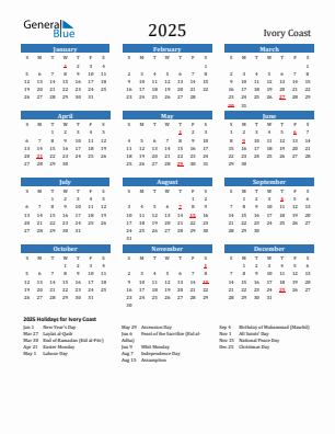 Ivory Coast current year calendar 2025 with holidays