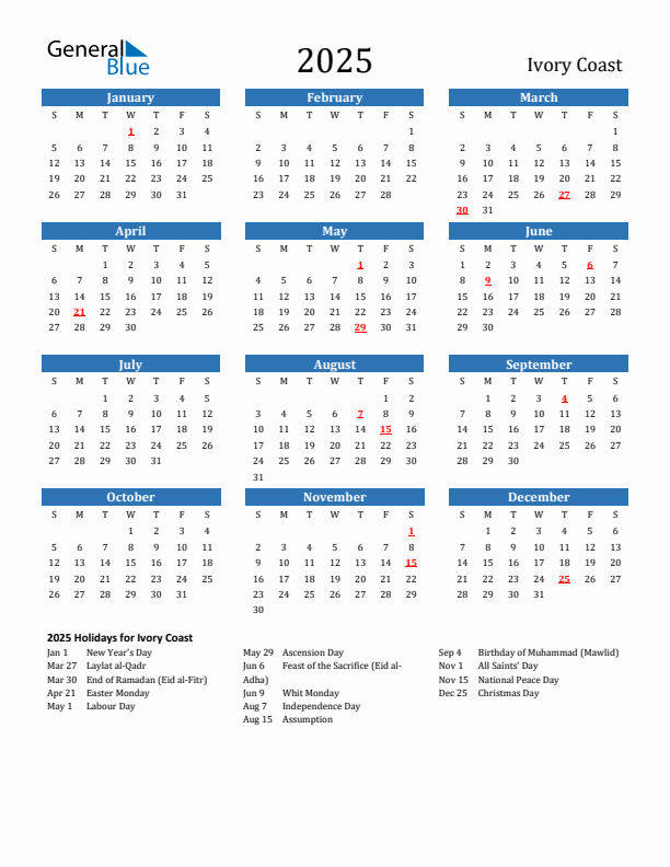 Ivory Coast 2025 Calendar with Holidays