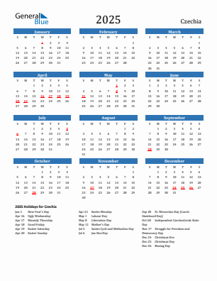 Czechia current year calendar 2025 with holidays