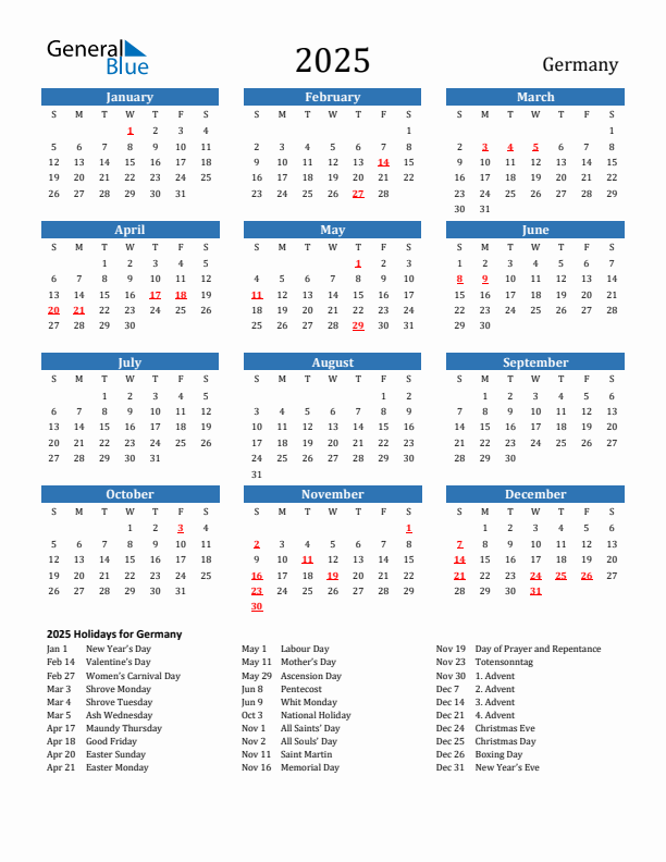 Germany 2025 Calendar With Holidays
