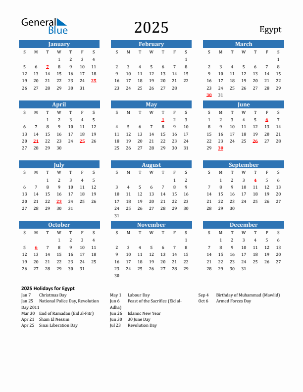Egypt 2025 Calendar with Holidays