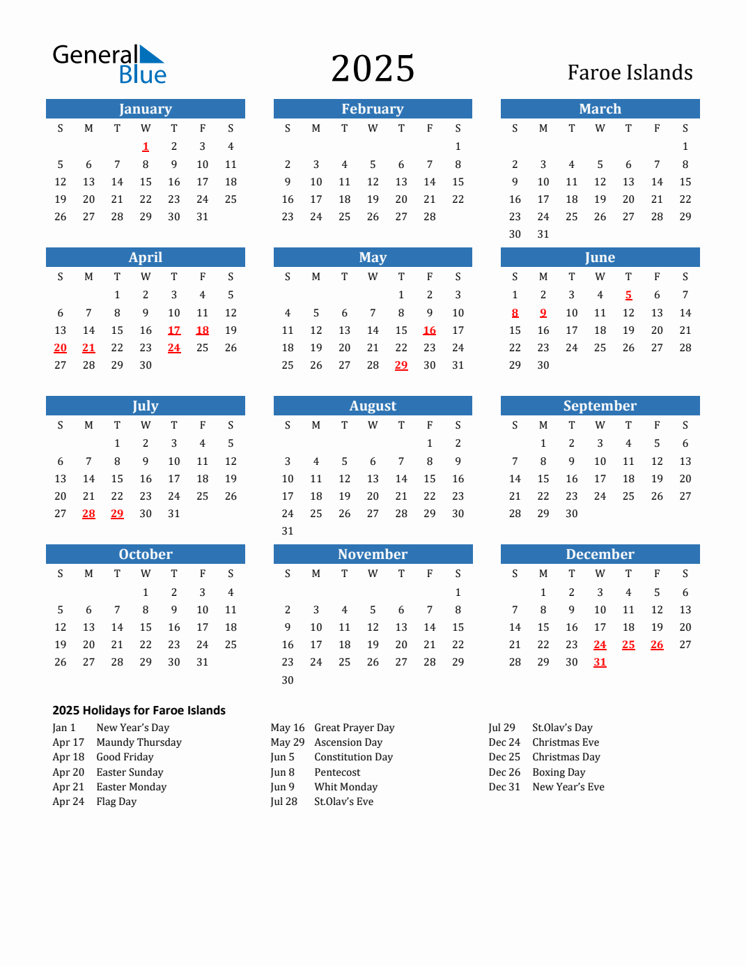 2025 Faroe Islands Calendar with Holidays