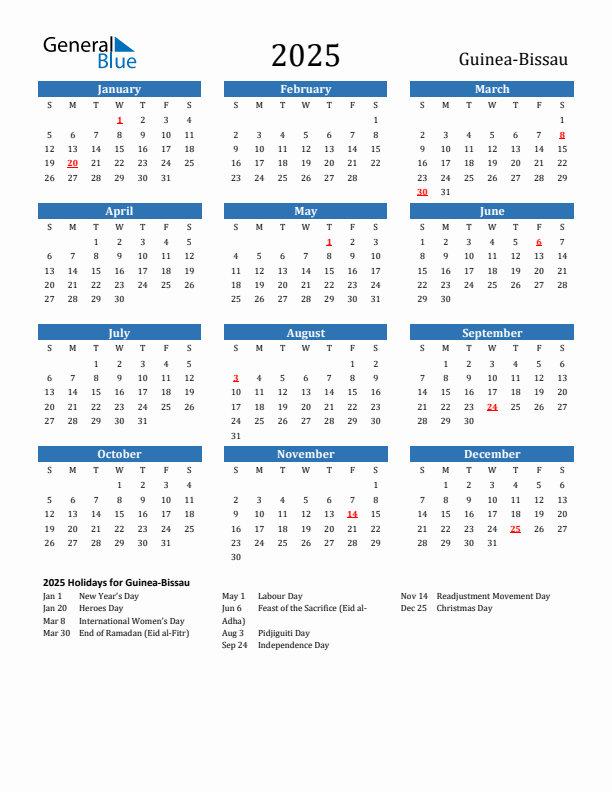 Guinea-Bissau 2025 Calendar with Holidays