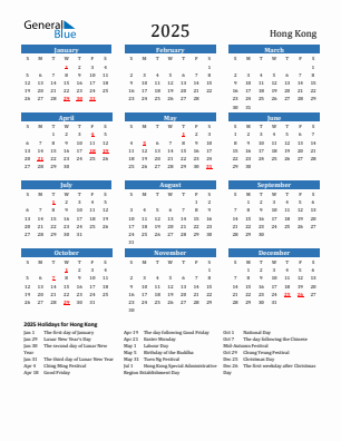 Hong Kong current year calendar 2025 with holidays