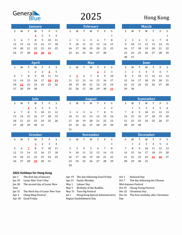 Hong Kong 2025 Calendar with Holidays