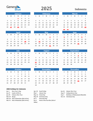 Indonesia current year calendar 2025 with holidays