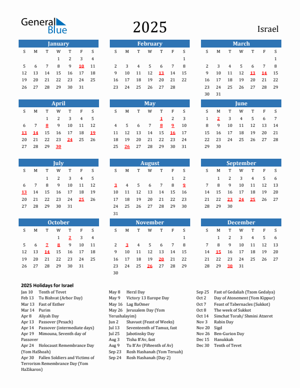 Israel 2025 Calendar with Holidays