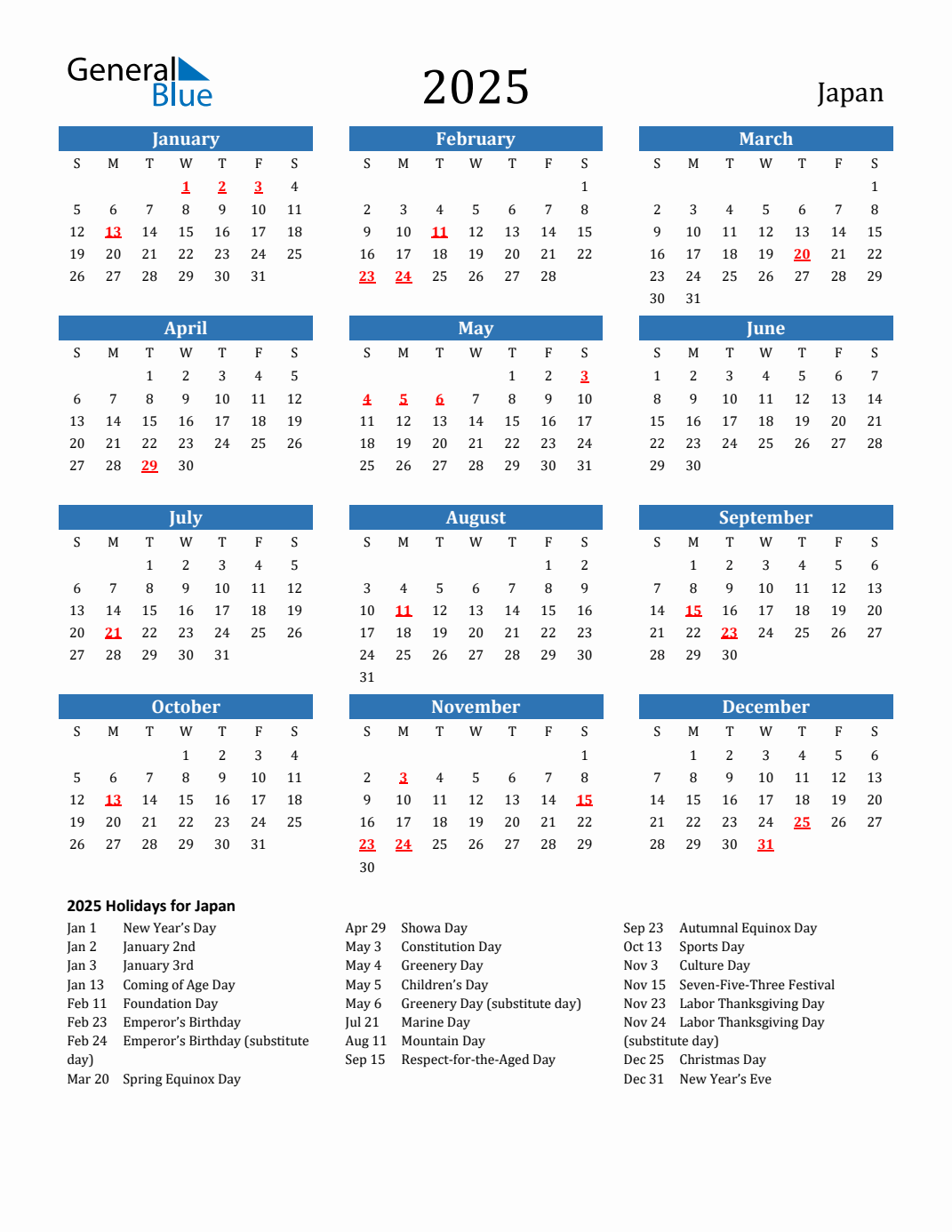 2025 Japan Calendar with Holidays