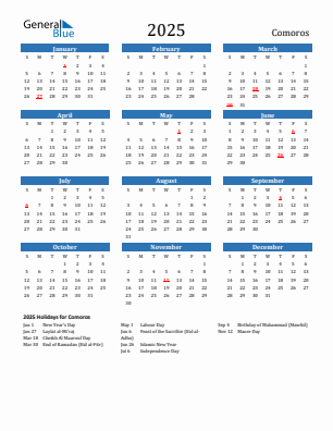 Comoros current year calendar 2025 with holidays