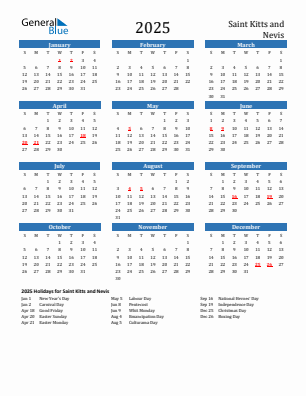 Saint Kitts and Nevis current year calendar 2025 with holidays