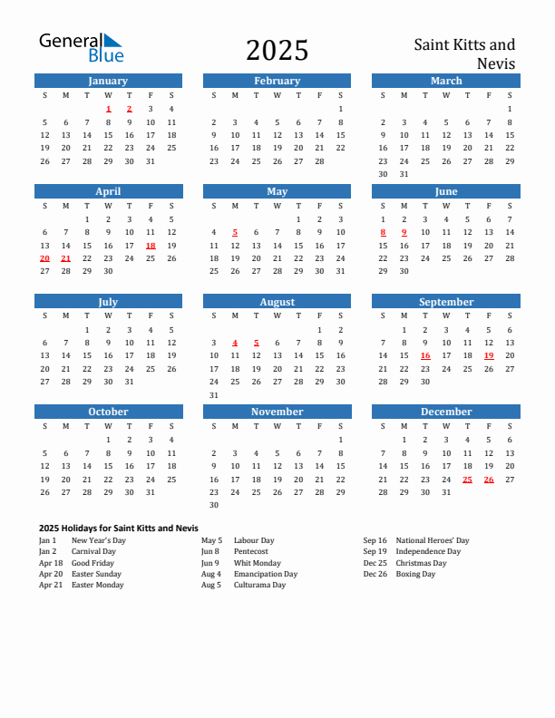 Saint Kitts and Nevis 2025 Calendar with Holidays