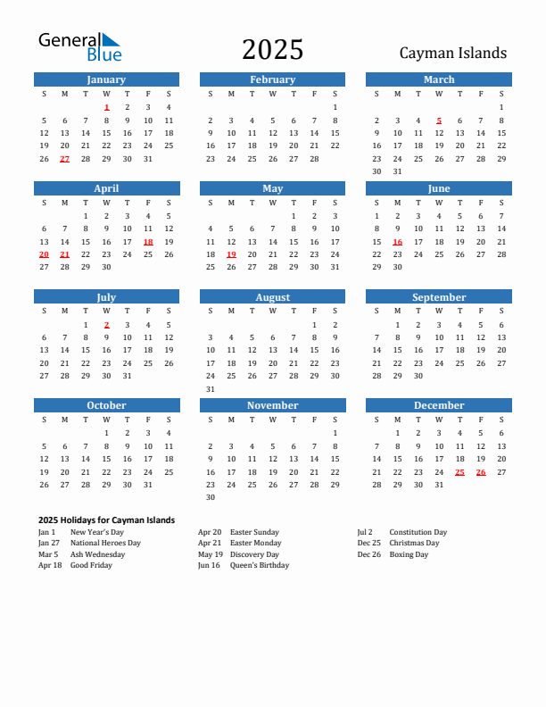 Cayman Islands 2025 Calendar with Holidays