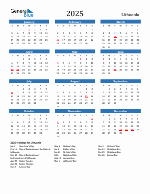 Lithuania current year calendar 2025 with holidays