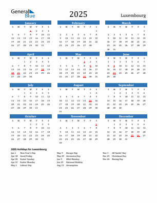 Luxembourg current year calendar 2025 with holidays