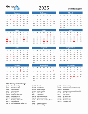 Montenegro current year calendar 2025 with holidays