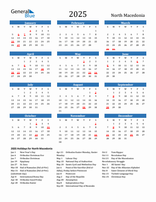 North Macedonia current year calendar 2025 with holidays