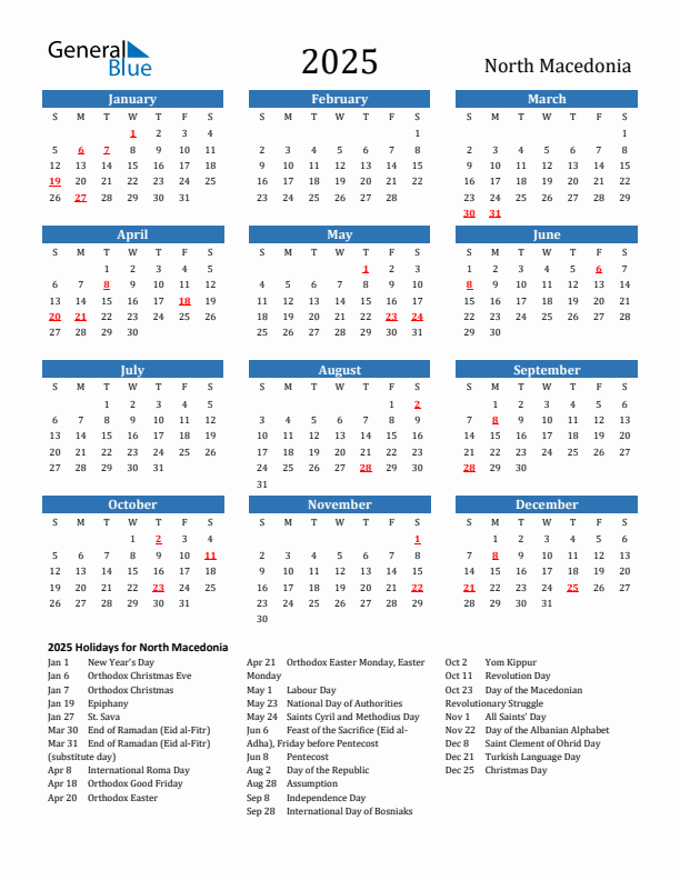North Macedonia 2025 Calendar with Holidays