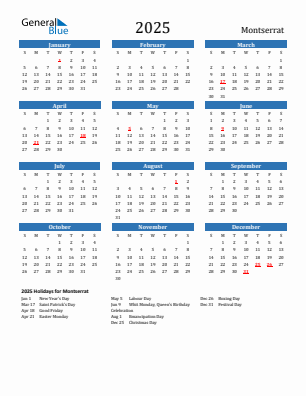 Montserrat current year calendar 2025 with holidays
