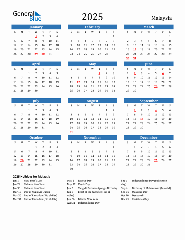Malaysia 2025 Calendar with Holidays