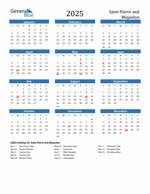 Saint Pierre and Miquelon current year calendar 2025 with holidays