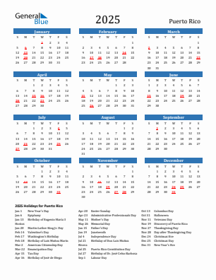 Puerto Rico current year calendar 2025 with holidays