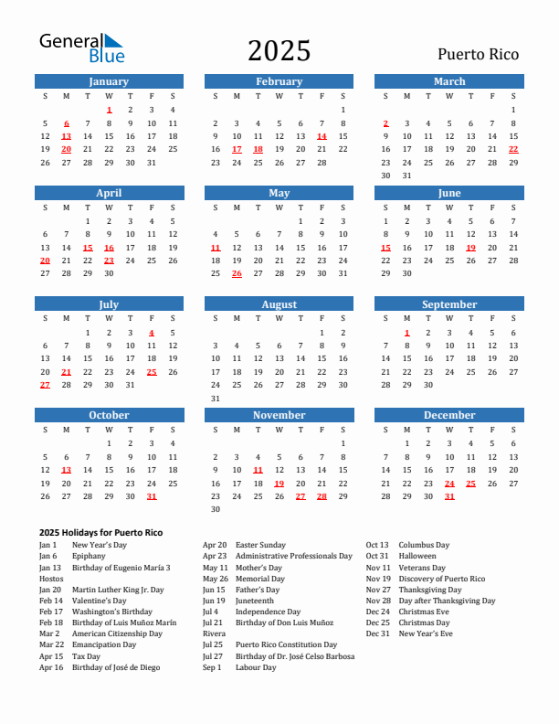 Puerto Rico 2025 Calendar with Holidays