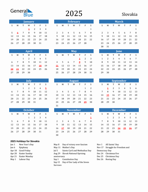 Slovakia 2025 Calendar with Holidays