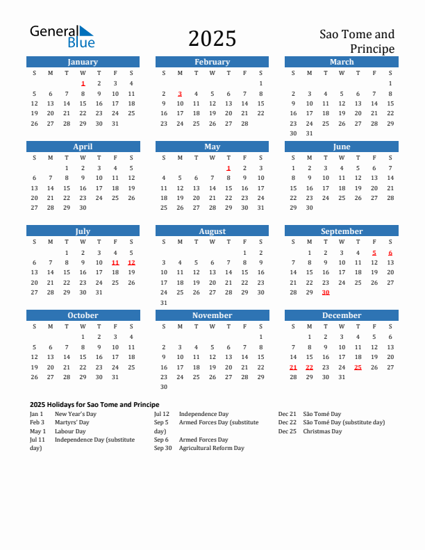 Sao Tome and Principe 2025 Calendar with Holidays