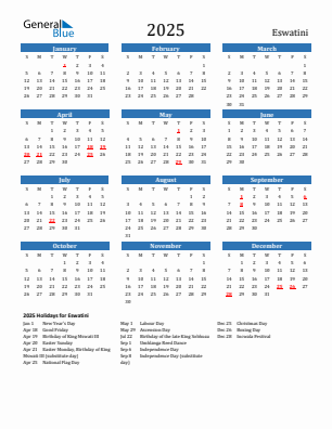 Eswatini current year calendar 2025 with holidays