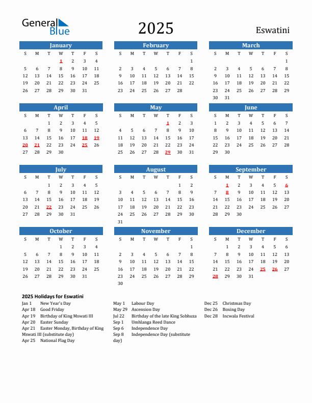 Eswatini 2025 Calendar with Holidays