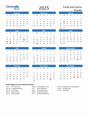Turks and Caicos Islands current year calendar 2025 with holidays