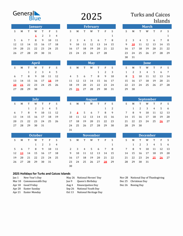 Turks and Caicos Islands 2025 Calendar with Holidays