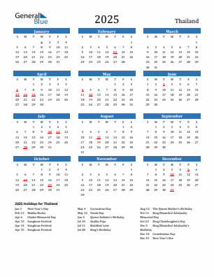 Thailand current year calendar 2025 with holidays